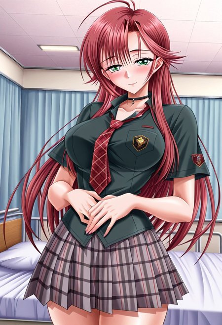 masterpiece, best quality, newest, highres, uncensored, 1girl, yokota mamoru style,1girl, slender face，motion lines,torogao,looking at the viewer,seductive smile,blush
Koga Yuki ,Ahoge Hair, Red Hair, Sidehair, Waist Length Hair,long Hair,Green Eyes, Tareme Eyes,Slim
black shirt, collar, red necktie, plaid, plaid necktie, plaid skirt, pleated skirt, grey skirt,, hospital room, bedside, get well flowers, comforting, quiet, , looking at viewer, hands on stomach, blush,, solo,, cowboy shot, dutch angle