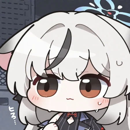 1girl, solo, blush, closed mouth, sweat, black eyes, :3, chibi, deformed, arikuigames1105, kokona \(blue archive\), averting eyes, 
very awa, masterpiece, best quality, amazing quality, absurd res, hi res, highres,  <lora:NoobV065sHyperDmd:1>  <lora:nunchi:0.5> <lora:Arikuigames1105IllustriousV1:1> <lora:ER_SD:1>