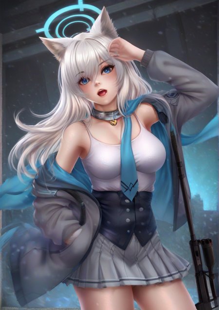 1girl, shiroko (blue archive), furry female, animal ears, arm up, assault rifle, blue eyes, blue scarf, breasts, collar, eyes visible through hair, grey collar, grey jacket, grey skirt, grey sleeves, gun, hair between eyes, halo, hand in pocket, hand up, jacket, long sleeves, medium breasts, open clothes, open mouth, rifle, scarf, school uniform, shirt, sig 556, sig sauer, skirt, solo, standing, unworn jacket, weapon, white hair, white shirt, wolf ears,  <lora:bearwitch:1>