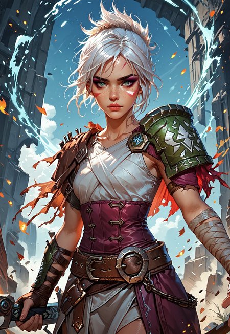 ((zPDXL3)), ((masterpiece,best quality, highly detailed)), ((score_9)), score_8_up, score_7_up, score_6_up, score_5_up, score_4_up, Digital painting style, brushstrokes, ((EnhanceImage)), solo, rvn, white hair, short hair, ponytail, rvn, short hair, ponytail, facial mark, eyeshadow, top, criss-cross halter, single pauldron, shoulder armor, single glove, bandaged arm, corset, belt, skirt, single greave, (huge weapon, sword, broken weapon, magic), Expressiveh, tanned-skin, 30yo, adult lustful confident woman, petite, slender body, perky saggy natural breasts, full lips, bangs, sidelocks, straps,
chinese magical sorceress, animated, swirling magic, wisps of magic, dancing pose, tight squeezed outfit, magical accessories, evoking motion, conveying motion, dynamic splash art, 
<lora:PainterlyFantasiaPDXL:0.6>,