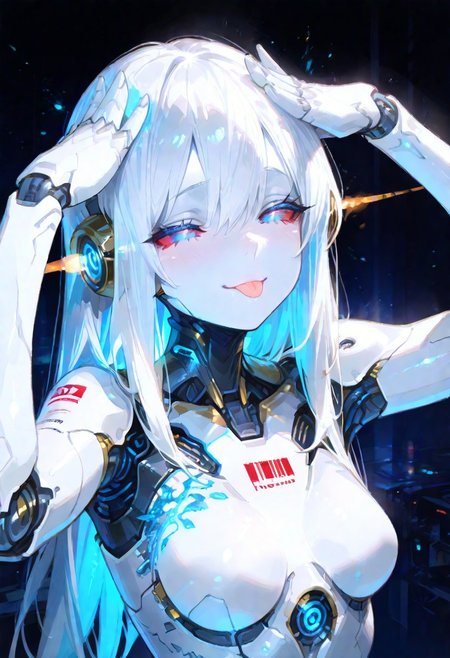 masterpiece, best quality, amazing quality, very aesthetic, absurdres, newest, volumetric lighting, holographic colors, cute, gradient colors, dark background, masterpiece, best quality, amazing quality, very aesthetic, absurdres, newest, volumetric lighting,1girl, 
BREAK
nsfw, 
 ambient occlusion, raytracing, soft lighting, blum effect, masterpiece, absolutely eye-catching, particles, glow, shining, intricate cinematic background, (beautiful face),  
BREAK
masterpiece, highly detailed,1girl,beautiful eyes, big eyes, detailed eyes, detailed pupils, perfect body, 
Automaton, colored skin, robot girl, (white_skin:2.0), rusty skin, joints, white hair, blue eyes, glowing blue eyes, metal_skin, no nipples, metal_skin, mechanical eye, colored sclera, red sclera,
body writing,tattoo, barcode, long hair, long bang, 
(Big eyes, solf lips, beauty, feminine face)
closed eyes, tongue out, :p, hands on own head, smile,