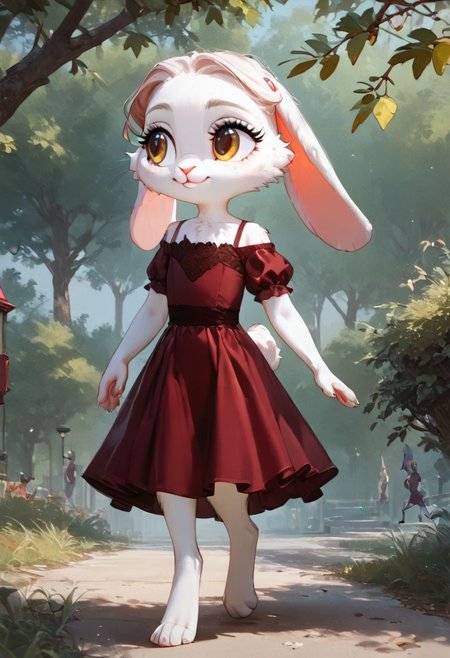 score_9, score_8_up, score_7_up, score_6_up, (source_furry:1.3), face closeup bust portrait, cinematic lighting tree leaves shadows, (furry anthro female rabbit), (white fur), (mini skinny short stack:1.2), (chibi:1.1), (cute face), digitigrade, gentle face, (skinny slim:0.6), long hair, long eyelashes, claws, (flat chest:1.2), (smile:1.1), (head turned, sideways glance, looking away:1.3), (wearing burgundy dress:1.5), (walking:1.3), (in a lush park, in grass, behind a tree:1.3), detailed background sidewalk street pedestrian:1.3)