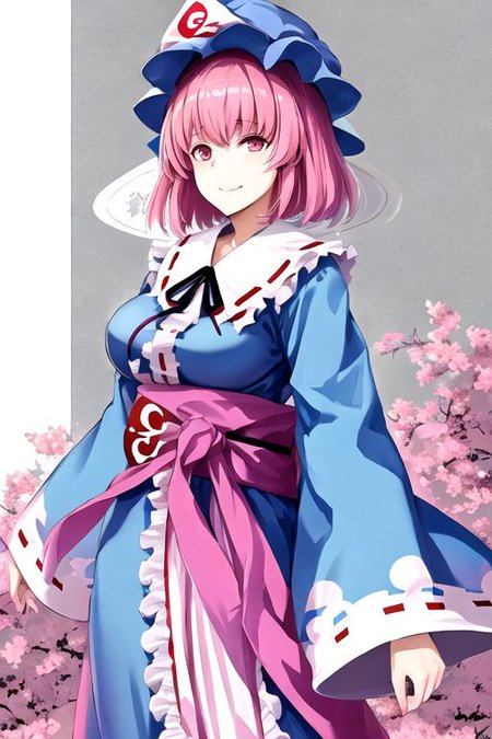 Yuyuko, pink hair, saigyouji yuyuko, breasts, short hair, triangular headpiece, hat, solo, mob cap, looking at viewer, japanese clothes, large breasts, pink eyes, kimono, smile, blue headwear, blue kimono, long sleeves, bangs, frills, wide sleeves, hair between eyes