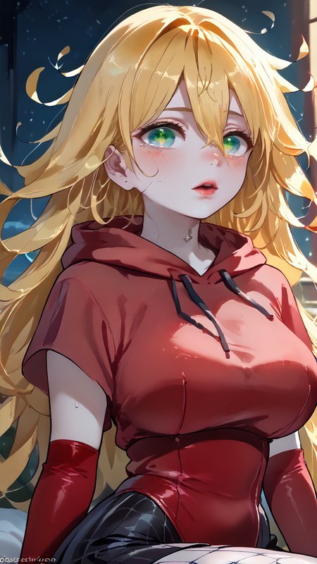 PonyScores,  <lora:pony_good_hands:1> good_hands,upper body,Lying on the side with one knee bent and arm resting on the side, BREAK
hot attractive 1 girl,large breasts,  Close-Up Shot,in an industrial complex,Astonished: Wide eyes raised eyebrows open mouth slightly pulled back lips showing disbelief or amazement.,
 <lora:ASedusa_character:0.8> SedusaXLP, very long hair, yellow hair, (messy hair):2,green eyes, makeup, colored skin, white skin, red leotard, floating hair, large breasts,red elbow gloves, fishnet pantyhose 
<lora:bioluminescent-dress-PD-2.0:0.8> bioluminescent,
 <lora:HoodOverEyes:1> hood over eyes,big  hood, hood up,long hoodie,  <lora:breasts_size_slider_pdxl_goofy:1.1> <lora:GLOW_EYES-XLP:1> glow_eyes,