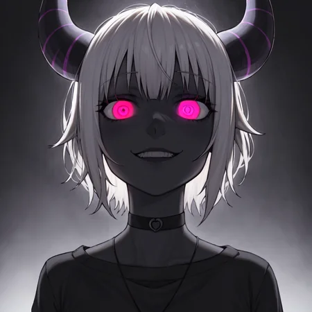 best quality, masterpiece, detailed background, highly detailed, intricate, detailed face, long eyelashes, detailed eyes, (portrait:1.4), (black creepy background), (skinny:1.3), (thick thighs:1.0), (large breasts:1.0), (crazy eyes, crazy smile:1.3), (pitch black skin:1.4),

(one girl:1.1), (1girl:1.1), (solo:1.3), (white eyes:1.4), (glowing eyes, glowing pupils:1.3), (white hair:1.3), (short hair:1.2), (messy hair:1.1), (thick lips:1.1), (choker:1.1), (demon horns, black horns, multiple horns:1.3),

(casual outfit:1.3),

(smug:1.2), <lora:ChelodoyStyle-V1R1-Fixed-8:1>