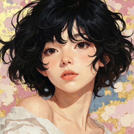 A beautiful woman with black hair, pale skin, and golden highlights, in the style of James Jean and Amano Yoshitaka, with gold leaf accents, painted in soft pastel colors with delicate brush strokes, creating an ethereal, dreamy, and mysterious atmosphere.