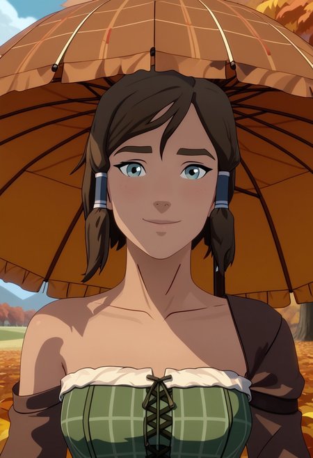 Score_9, Score_8, Score_7, TDPStyle, Korra, hair tubes, 1girl, perfect face, looking at viewer, adult, sexy,
bob cut, inverted bob, plaid clothes, plaid dress, brown dress, green dress, strapless dress, 
umbrella, brown frilled umbrella, 
autumn, autumn leaves, 
blush, shy smile, 
portrait, face focus, detailed face,