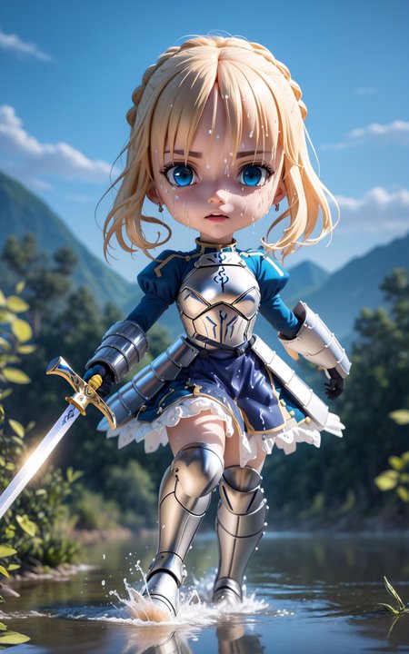 (masterpiece),(best quality),(ultra-detailed), (full body:1.2),1girl,chibi, artoria pendragon \(fate\), armor, dress, suit, wet, (running through a wide river), (beautiful detailed face), (beautiful detailed eyes:1.12), (looking at viewer), <lora:blindbox_V1Mix:1>, <lora:ironcatlora1Artoria_v10:1>, reflection, excalibur \(fate/stay night\), (holding sword:1.1),  (from below),