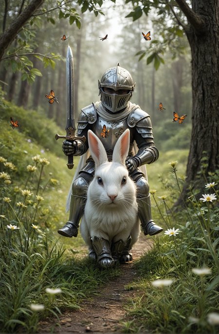 masterpiece, best quality, amazing quality
,holding, sitting, full_body, flower, weapon, outdoors, boots, day, sword, holding_weapon, blurry, cape, armor, tree, blurry_background, depth_of_field, animal, holding_sword, grass, helmet, bug, shoulder_armor, 1other, butterfly, gauntlets, nature, forest, pauldrons, rabbit, breastplate, armored_boots, riding, greaves, faulds, knight, full_armor,A photo-realistic shoot from a front camera angle about a knight in full armor holding a sword and standing next to a fluffy white rabbit in a lush, green forest. the image also shows a serene and peaceful atmosphere, with a soft focus on the knight and the rabbit. on the middle of the image, a 1boy, who appears to be a knight, full body, wearing a helmet, breastplate, gauntlets, and boots, is walking on a path with a sword in hand. the knight is facing the viewer, and his eyes are looking directly at the viewer. he is wearing full armor, including a helmet with a visor, and gauntlets on his hands. the rabbit is standing on its hind legs, with its front paws resting on the ground. the background features a dense forest with trees and flowers, and a few butterflies fluttering around, adding a touch of whimsy to the scene.
solo, holding, blue eyes, standing, male focus, outdoors, boots, holding weapon, blurry, tree, armor, holding sword, animal, bug, nature, grass, knight, animal focus, bug on face