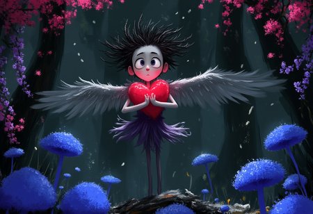 A whimsical illustration of a lanky, stretched Cupid with impossibly long thin limbs and tattered wings, in dark whimsical art style, holding a large beating heart that glows with deep crimson light, digital painting with expressive brushstrokes creating texture in the torn feathers and flowing ragged clothing, dark forest background with pink cherry blossoms and purple wisteria falling like rain, blue bioluminescent mushrooms casting an ethereal light from below, characteristic Tim Burton inspired design with huge bright silver eyes filled with mysterious tenderness, wild wind-swept hair forming spiral patterns