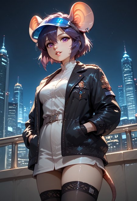 masterpiece, score_9, score_8_up, score_7_up, b3ck13m0us3, score_9, score_8_up, score_7_up, masterpiece, b3ck13m0us3 as kusanagi motoko, anime style, anime face, mouse, short purple hair, blue visor over eyes, fingerless gloves, black thighhighs, black jacket, jacket half undone, tail, purple eyes, mole on left cheek, eyes half closed, large oversized ear clip (((on left ear))), score_9, score_8_up, score_7_up, masterpiece,  railing, cityscape, night, detached somber expression, gorgeous,key visual, vibrant, studio anime,award-winning, professional, highly detailed,high budget, cinemascope, <lora:kusanagi-ponyxl-000009:1>  <lora:hand 5.5:0.75> , Parted lips, seductive expression,  (view from below, low angle view), hands in jacket pockets, lighting, volumetric lighting,  ((masterpiece)) (dynamic lighting:1.1) ((masterpiece)) godrays , fantasy, futuristic utopian city and environment, detailed landscape, extreme detailed, ( (dynamic lighting:1.1) ((masterpiece)) (dynamic lighting:1.1) ((masterpiece)) godrays, (highly detailed:1.2), (intricate:1.2), (best quality:1.2),(8k:1.2), (sharp:1.2), (majestic:1.2), natural lighting, detail++,