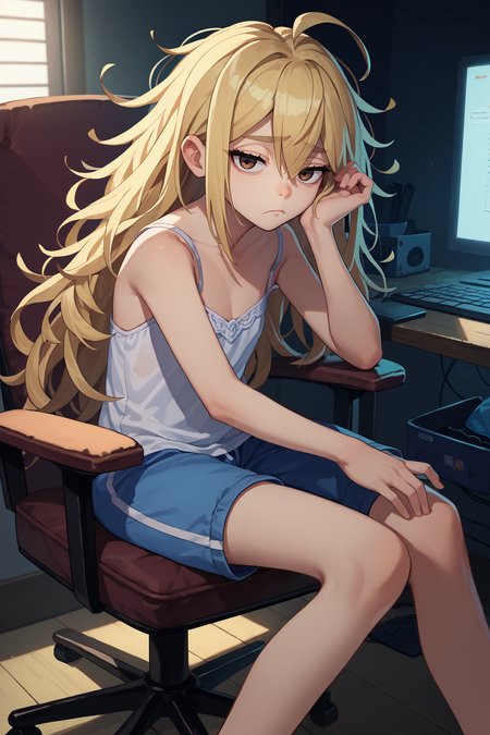 score_9, score_8_up, score_7_up, score_6_up, source_anime, 1girl, solo,  <lora:rnfrau-pdxl-nvwls-v1-000005:1> rnFrau, blonde hair, long hair, brown eyes, messy hair, ahoge, white camisole, blue shorts, dark room, sitting, computer, chair, looking at you, tired, indoors