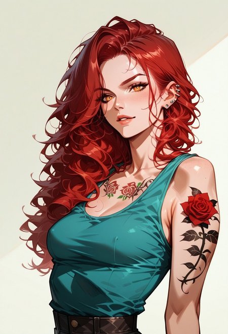 realistic, score_9,score_8_up,score_7_up, 1girl, Abby, AbbyRH, red hair, asymmetric hair style, long wavy hair, amber eyes, upper arm rose tattoo ear piercings, small breasts, perky breasts, fit, perfect body, double rose chest tattoo, laced ribbon thigh tattoo, tank top, shorts, black bacground, full body,  pinup pose