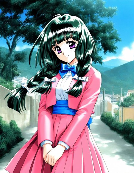 general,highres, ultra-detailed,very aesthetic,best quality ,best hands, BREAK  <lora:Kamiyama_Miko_kakyuusei_Ver2.0_IS:1>Kamiyama_Miko(kakyuusei), 1girl, solo, dark green hair,, long hair, purple eyes, twin braids, white bow, blunt bangs, hair bow, medium breasts,
pink jacket, bowtie, blue bow, shirt, jacket, white shirt, blue bowtie, pleated skirt, pink skirt, blue sash, 
 long sleeves, outdoor, 
v arms, smile,
standing, sky, day,