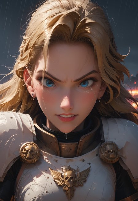 1girl, solo, 24 year old woman, large build, running:1.4, beautiful, long hair, blonde hair, freckles:1.4, face uplifted:1.6, looking up, looking at the sky, earrings, (fierce) grin:1.5, crying:1.5, teeth clenched:1.4, angry smile:1.5, wide hips, knight armor:1.5, heavy armor, gauntlets, greaves, bright blue eyes, rain falling on her face:1.5, tan skin, tears on chin, tears on cheeks, action pose:1.3,

dusk, after battle, muddy field, some grass, fallen soldiers around her:1.4, storming, dark gray sky, dark sky:1.4, streaming banners, battlefield, intense rain:1.3, dreary, raining, overcast, mountains and hills in the background,

score_9, score_8_up, score_8, masterpiece, best quality, official art, extremely detailed, CG unity 8k wallpaper, absurdres, high definition, photorealism:1.5, detailed shading, high contrast, ambient occlusion, vivid colors:1.5, saturated colors:1.6, 

dynamic angle:1.3, cowboy shot, cinematic, from above:1.3,

expressiveh, whites40k, tears, 