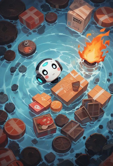 score_9, score_8_up, score_7_up, a cute and funny looking humanoid robot, panic and on fire trying to fix a box TV, the room is under water, panic facial expression, funny image