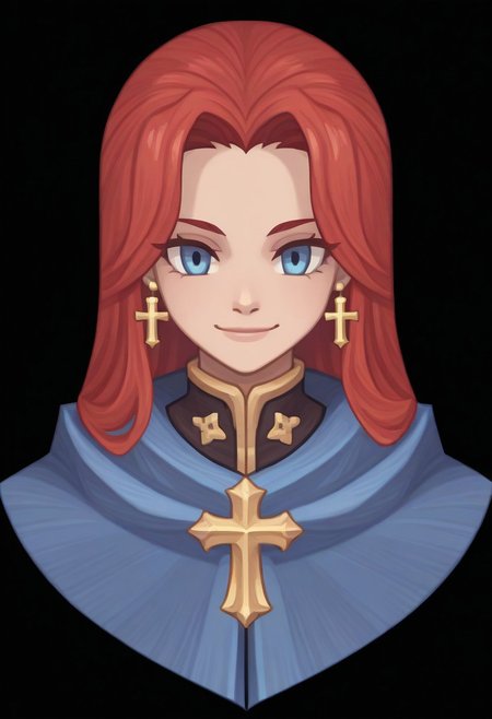 (Black background) <lora:afkArenaIllustrious:1>
afkArenaStyle, 1girl, female, solo, portrait, female focus, red hair, blue eyes, long hair, light skin, smile, looking at viewer, beautiful, blue cloak with gold trimming, cross earrings
Ragnarok online character
ROSPRITE