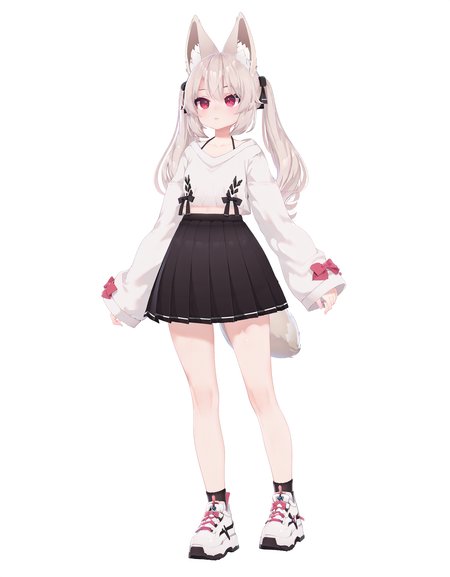 score_9, score_8_up,score_7_up,source_anime,1girl, solo,vrchat karin, karin_AA,black skirt, white shoes, white puffy long sleeves, black socks, bow, shirt, fox tail, <lora:Karin_Pony_V2:1>