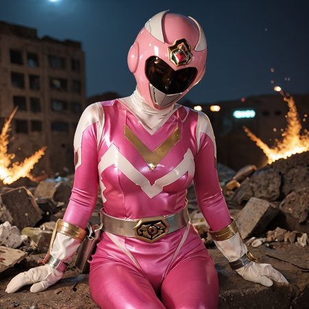 20yo, score_9, score_8_up, score_7_up, shiny oild skin, 
sentaisaintforce, pink bodysuit, silver belt, white gloves, spandex, wing-shaped chest symbol, medium breasts, helmet removed, no headwear, 
 city ruin, rubble, sitting, night, explosion, 
 <lora:Saint_Force:0.8>