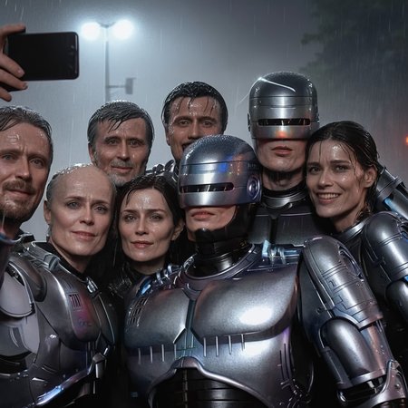 award winning group selfie, ocprobocop, rain, fog, gloom, wet, chroma, rim lighting, volumetric, 8k resolution, trending on artstation  <lora:hjocprobocop_v10xl:1>