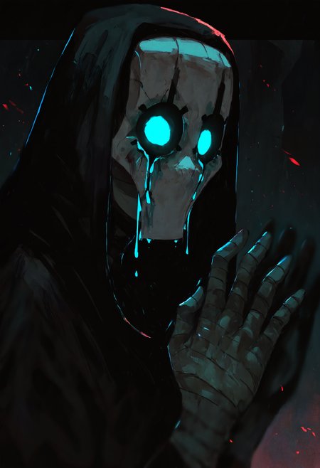 masterpiece, highres, absurdres, newest, very awa, detailed illustration, painting \(medium\),  aoi ogata, nox_wakfu, upper body, close-up, blurry foreground, dark background, abstract background,  1boy, damaged mask, (bandages:1.1), gloomy eyes, (glowing eyes:1.1), aqua eyes, crying with eyes open, aqua tears, hunched over, from side, looking at viewer, palms up, arms flexed, curled fingers,  depth of field,   <lora:spo_sdxl_10ep_4k-data_lora_webui>,  <lora:NOOB_EPSv1_1_detailer_by_vlnvk_v1_0>, <lora:noobai_ep11_stabilizer_v0.30_fp16>, <lora:96YOTTEA-WAI:0.8>, <lora:Nox_wakfu (illust_v1):0.8>