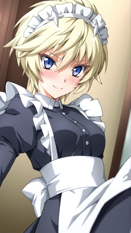 source_anime, general, best quality, masterpiece, 1girl,  <lora:Esther_Elhous_ill_v1.0:1> esther_elhous\(srw\),blue eyes , blonde hair, yellow hair,tsurime, small breasts ,maid, maid headdress, maid apron, happy, (embarrassed:0.9),  dynamic pose, dutch angle, cowboy shot,