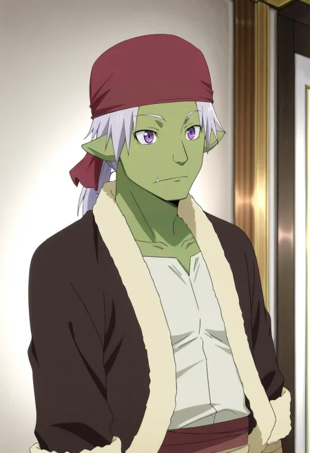 masterpiece, best quality, , anime screencap, anime coloring, official style,, 1boy, solo, male focus, <lora:rigur_tensura_ilxl:0.9>, rigur_tensura, grey hair, purple eyes, pointy ears, colored skin, green skin, goblin, bandana, , ponytail,