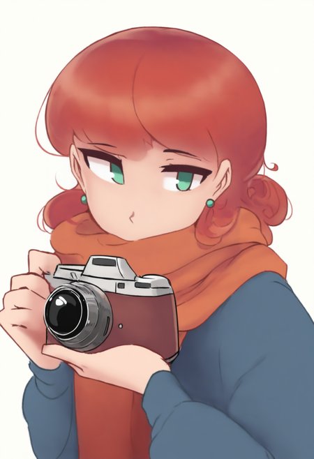 masterpiece, best quality, solo, 1girl,  <lora:NSPennyStardewIllu:1> NSPennyMisc, green eyes, medium hair, red hair, curly hair, green stud earrings, blue jacket, camera, holding, jacket, looking to side, orange scarf, scarf, simple background, upper body, white background, holding camera, solo,