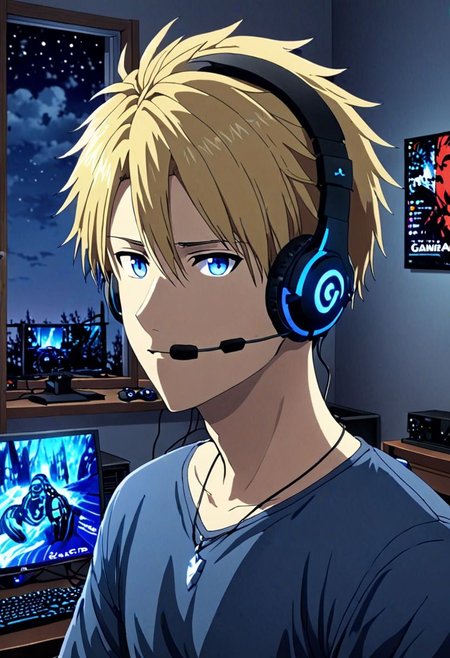 high resolution, solo, best quality, 1Boy, Yamato Ishida, Blond Hair, Necklace, gamer, bedroom, night, pc, sit, headset, potrait, OverallDetail