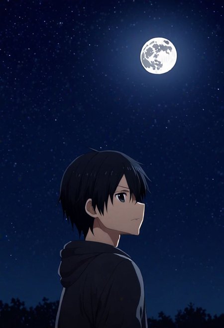 high resolution, solo, best quality, 1Boy, Kazuto Kirigaya, Black Hair, Black Eyes, open space, night sky, moon, OverallDetail