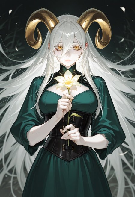 masterpiece, best quality, amazing quality, very aesthetic, high resolution, ultra-detailed, extremely detailed eyes, detailed face, absurdres, newest, best illumination, depth of field, 1girl, solo, gold twisted ram's horns, freckles, white hair, long hair, long bangs, golden eyes, pale skin, green dress, medium breasts, black underbust corset, breasts cutout, medium shot, holding glowing flower, sugitekivotosohoroboshitasenseidoujinstyleil