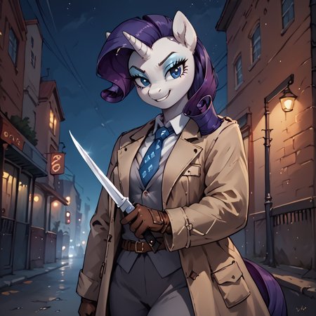 score_9, score_8_up, score_7_up, score_6_up, Rarity, anthro pony, solo, female, trenchcoat, grey suit, tie, brown gloves, night <lora:Blade_Lick_Pony_v1:1> KN1F3L1CKV1, holding_knife, knife, holding_weapon  <lora:redcoatXLv1:1> evil smile, dagger, city street