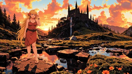 long hair yellow hair young woman, druid, illustration, comic, anime, extremely detailed, portrait, standing, happy smile, flower in hair, glossy lipstick, celtic necklace, sphere earrings, loincloth, sandals,  Grapefruit Pink druid short dress, legs, sharp focus, fantasy, celtic landscape, small rock, moss, ripples, reflections, celtic  castle, small river pond, druid forest, druid village, stunning nature environment, enchanted land, clovers, Bright Gold Pink flowers, best quality, colorful, wet floor, bright sunny sky, sunset, raytracing, hdr, high contrast, ethereal natural lights, backlight, lens flare, shadows, vibrant colors, colorful, pretty, beautiful, happy, smiling, feminine, sexy, lovely, in love, adorable, fashion,  <lora:Hand v2:1> <lora:Anti-Blur:1><lora:Insane Detail Slider:0.5>  <lora:flux.1_lora_flyway_Epic-detail_v2:0.3><lora:fluxenhancer:0.5> <lora:RetroAnimeFluxV1:0.4> <lora:Luminous_Shadowscape:0.4>