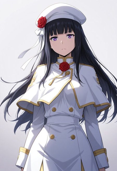 masterpiece, best quality, amazing quality,1girl, solo, BREAK
mitsukadokb,black hair,long hair,purple eyes,hat,rose,white capelet,
BREAK
,cowboy shot