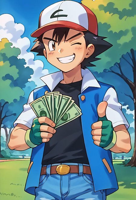 score_9, score_8_up, score_7_up, score_6_up, source_anime, 
1boy, solo, ash_kanto, black hair, baseball cap, blue jacket, black shirt, fingerless gloves, denim pants, looking at viewer, 
gangstersb, thumbs up, one eye closed, grin, holding money, money, portrait, torso crop, 
outdoors, park, grass, trees, 
ken sugimori, (watercolor:1.2), 
masterpiece, highly detailed,