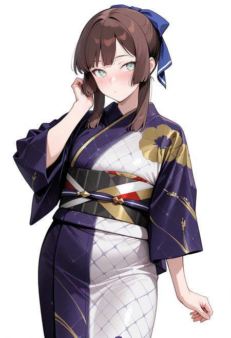 white background, simple background, mogayuk, blue ribbon, hair bow, two-tone kimono, indigo kimono, white kimono, print kimono, yukata, black sash, <lora:_mogador_kc-elesico-ilxlA:1> hand up, standing, blush, looking at viewer, sideways glance, highres, best quality, masterpiece,
1girl, solo, kcmogador, brown hair, sidelocks, green eyes, freckles,