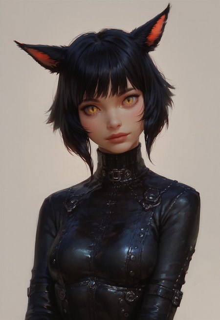 embedding:urn:air:sd1:embedding:civitai:222256@250708, score_9, score_8_up, score_7_up, score_6_up,  score_5_up, score_4_up, 1girl, miqo’te, animal ears, tail, gorgeous girl, cute girl, kawaii girl, perfect cute face, short hair, black hair, bangs, yellow eyes, (slit pupils:0.7), medium breasts, tiny waist, (young face:1.2), black tight leather bodysuit, semi-realistic, standing, holding up a silenced pistol, detailed, wide hips, intricate details, sexy, high quality, sexy pinup pose, masterpiece, fantasy town, photoshoot, boob focus, halfbody portrait