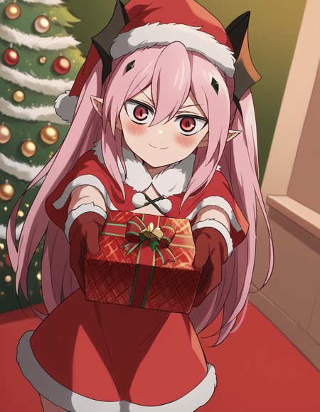 score_9, score_8_up, score_7_up, source_anime, <lora:krul-tepes-s2-ponyxl-lora-nochekaiser:1>, krul tepes, long hair, red eyes, pink hair, pointy ears, hair ornament, anime screencap, <lora:santa-costume-ponyxl-lora-nochekaiser:1>, santa costume, santa hat, christmas, sack, merry christmas, gift, fur-trimmed headwear, holding sack, santa dress, fur-trimmed dress, christmas tree, christmas tree, fur trim, red capelet, gift box, red gloves, fur-trimmed capelet, santa gloves, red hat, hat,, smile, blush, looking at viewer, <lora:incoming-gift-ponyxl-lora-nochekaiser:1>, incoming gift, outstretched arms, holding, holding gift, gift, gift box,, , dutch angle, cowboy shot