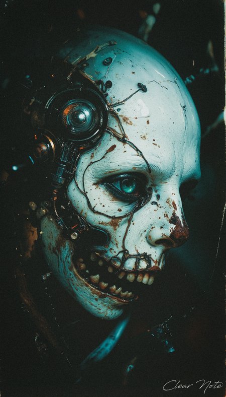 A grotesque cyborg lurks in the shadows, its twisted, mechanical form barely visible in the darkness, exuding an aura of silent dread.