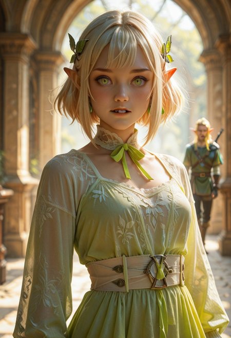 impressionism (1.5), perfect eyes, high detail, depth of field, (blurred background), (dramatic lighting),masterpiece, best quality,((asd123)),very aesthetic,8k,  (( neon green-yellow)),
A digital drawing of two anthropomorphic elves with light skin and pointed ears, standing close together. One elf has a surprised expression, while the other has a concerned expression. The background is a simple gradient of light pink to white. 
,link, 1girl, blush, open_mouth, short_hair, hair_ornament,