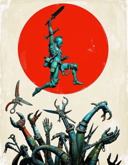 By Passcal Blanché. A digital artwork featuring a dynamic, futuristic scene with a strong, bold color palette. The central figure is a humanoid warrior in mid-jump, brandishing a large serrated blade in his right hand. The warrior is clad in sleek blue-green metallic armor, adorned with various mechanical details and panels. The warrior's helmet is Spartan-shaped, giving him a menacing appearance. 
Behind the warrior is a large, bright red circle, which contrasts sharply with the rest of the image, adding a sense of intensity and focus. The background is a muted off-white color, reinforcing the boldness of the red circle and the metallic tones of the robot. 
In the foreground, a chaotic array of mechanical limbs and tools protrude from the bottom of the image, adding to the sense of movement and disorder. These limbs come in various shapes, some resembling scissors, wrenches, and other industrial tools, all rendered in a metallic tone similar to that of the robot.
The overall style of the artwork is highly detailed and realistic, with a particular emphasis on industrial design and mechanical details, evoking a sense of futuristic war or high-tech battle. <lora:Pascal_Blanché:0.85>