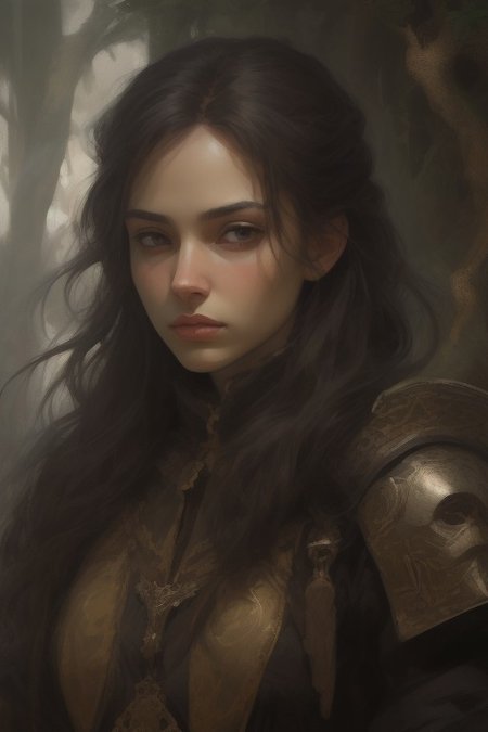 Only the upper body above the shoulders. Hyper-realistic close-up portrait of a medieval young woman with jet-black hair that frames her pale face, Wearing a traditional medieval dress with woven patterns along the edges, made of blue, gold, and black fabric. A small sparrow sits comfortably on her shoulder, its tiny eyes bright and alert. Her gaze is soft and thoughtful, drawing attention to the fine details of her features. The background is the edge of a forest.