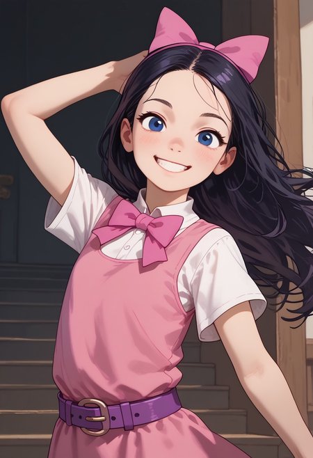 score_9, score_8_up, score_7_up IsaPF, 1girl, long black hair, dark blue eyes, pink bow, sleeveless pink dress, purple belt, round purple buckle, short-sleeved white shirt, smile, looking at viewer, turned head, dynamic pose,