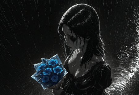 masterpiece, best quality, good quality, newest, highres, cinematic, volume light, greyscale, horror, from above,
1girl, (hair side:1.2), (semi-boxing hair:1.1), medium hair,  gothic dress, sad, blured makeup,
bouquet (blue:1.3) flower in hand,
rain, night street background, blured background,
<lora:dark-moody-ill:0.5>,, <lora:Hand_XL:0.20>,  <lora:add-detail-xl:0.5>,  <lora:glowing_and_light_particles_sd3.5:0.35>, <lora:Aura_r1:0.5>,  <lora:Junji_Hybrid_Horror_Illu_Edition:1>,