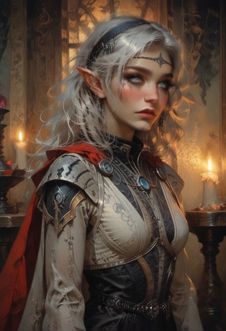 score_9, score_8_up, score_7_up, ((waist-up portrait, kneeling, face focus, eye focus, dynamic angle, motion)), 1girl, fantasy, (ph4nt0m01l), (Tarot Card Style), <lora:BGIsobel:1.0>, (BGIsobel, 1girl, white hair, pointy ears, make up), (isobelArmor), lace, cape, breathless intimacy, tanned skin, petite model bombshell, heart, young, delicate features, narrow pointy nose, tiny nose, white hair, lust, big eyes, seductive eyes, blue eyes, detailed skin, flared lashes, mascara, makeup, perky medium breasts, athletic body, narrow waist, skinny hips,
warm light, detailed, neon dark party, candles, ((occult))
 BREAK
milky way, runes, arcane, astral, surreal, ethereal glow, masterpiece, best quality, intricate design. colorful, moonlit nightsky, stained glass aesthetic, moody whimsical color palette, murano glass, bold soldering lines, volumetric light shining through, crepuscular rays, intricate craftsmanship, detailed texture, luminous transparency, reflective light play, vivid hues, atmospheric depth, enchanting silhouette, art nouveau,