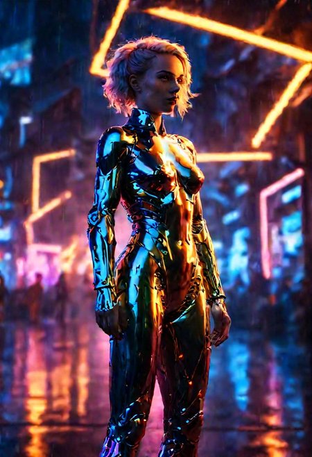 young woman standing on a futuristic street, (raining:2.0), car lights can be seen in the background, super sexy mechanical leotard, midriff, beautiful ass, surrounded by neon colors, 3/4 turned to side,  <lora:sdxl_lightning_8step_lora:1>,   (photorealistic:1.2), (intricate and beautiful:1.8), interesting setting:2, cute fit 18 year old, girl, young, giant breasts, facing side, (masterpiece, best quality, highres:1.2),  <lora:CyborgCosplay_SDXL:1> , CyborgCosplay, mechanical arms, mechanical legs, head gear,  futuristic, technological, cybernetic enhancements, Cosmic light in backfront, omnipotent, color graded cinematic, backlight:2, hair light:2,   <lora:SDXLFaeTastic2400:0.35> ,  vibrant whimsical colors, whimsical fantasy,  cinematic composition:2,  <lora:great_lighting:3> , great lighting,