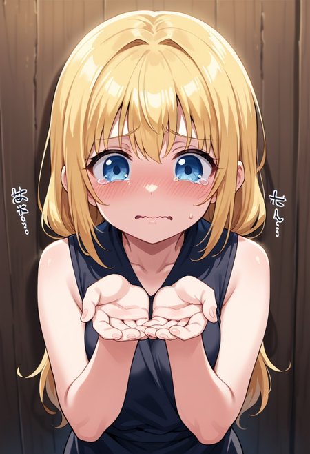 score_9, 1girl, tearing up, cute, wavy mouth, cupping hands, solo focus, own hands together