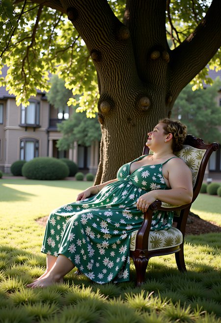 Breathtaking photography of a beautiful chubby owkx lady sleeping well in a fancy garden chair at a shady place under an old oak tree in an amazing beautiful english garden at a hot summer afternoon. She wears a beautiful floral green summer dress.  There are old trees and a old mansion in the background., <lora:flux_model_mandy_fictional_owkx woman_2300:0.85>, , , , ,