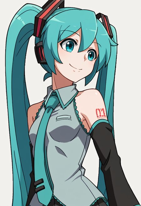 score_9, score_8_up, score_7_up, source_anime, BREAK, solo, 1girl, smile,  <lora:Under-Night-In-Birth-Portraits-pdxl_Fp:1>, simple background, looking to the side, hatsune miku,
