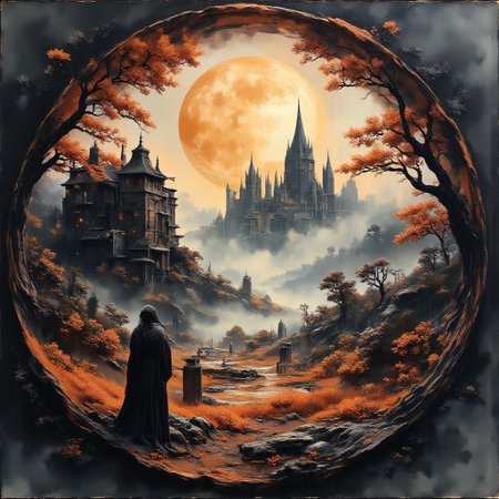 A mist filled landscapes that displays fore different layers.
The first layer in the foreground is a Halloween graveyard with a mausoleum and an angel statue. Graveyard candles lit some tombstones.
Higher behind the field on the left  a spooky lit witch hut stands Infront of a thick forest.
The last layer is a full moons that highlights the silhouette of a spooky castle with high spires.
The different layers are connected by a misty swirl that connects the different scenes.
The color palette uses four colors, darkest brown, rich orange tones, deep vibrant cyan and bright gold. The overall ambiance is mysterious, dark and eerie.
The image is a masterpiece that captures the captivating charm of a beautiful watercolour painting.
aidmaMJ6.1, Chiaroscuro, High quality